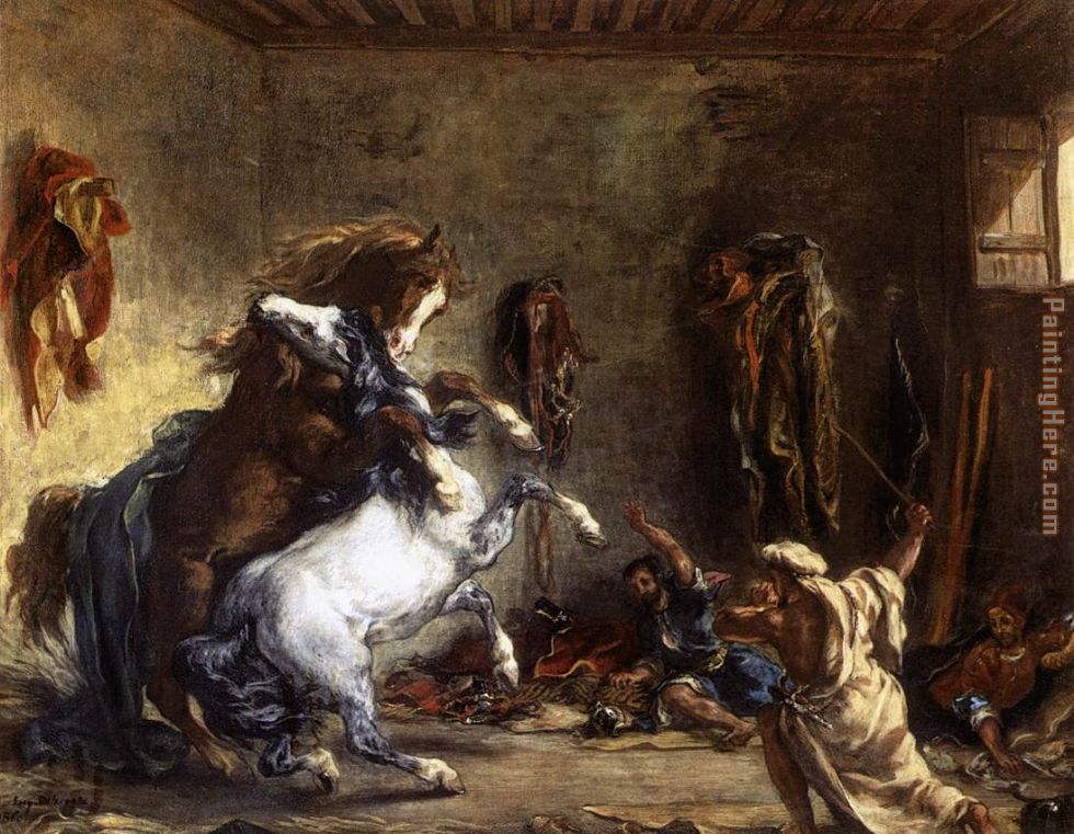 Arab Horses Fighting in a Stable painting - Eugene Delacroix Arab Horses Fighting in a Stable art painting